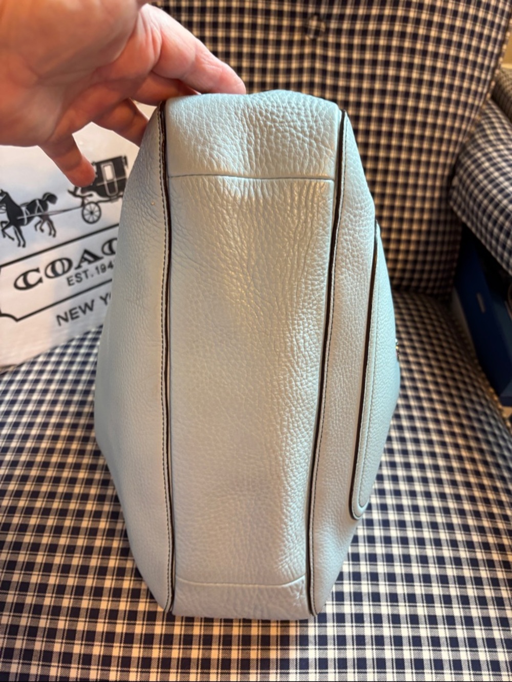 Coach Pebbled Leather Shoulder Bag in robin’s egg Blue with Dark Brown Trim - Picture 10 of 13